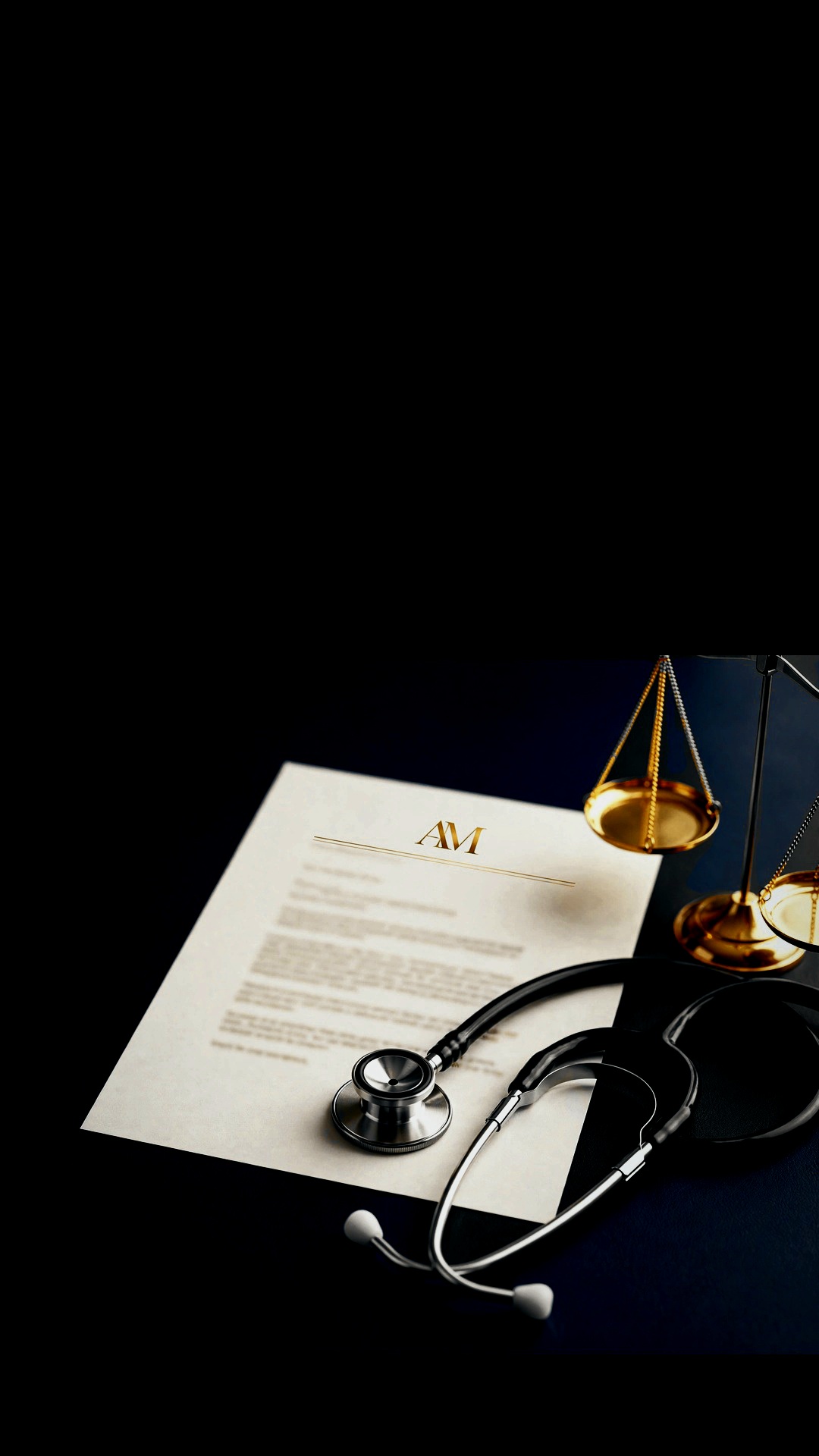 Estetoscópio, balança da justiça e laudo médico com logotipo AM sobre superfície escura